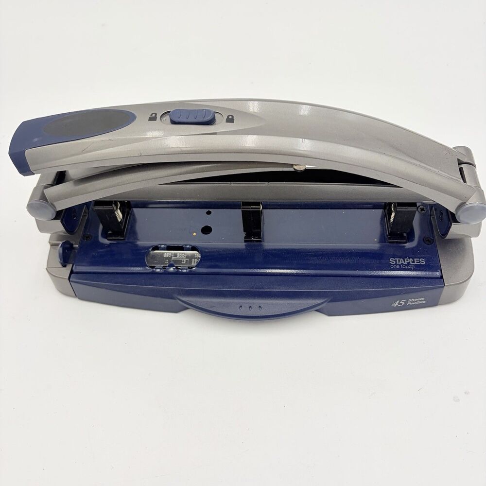 Staples One-Touch Adjustable 3-Hole Punch 45 Sheet Capacity Blue/Gray